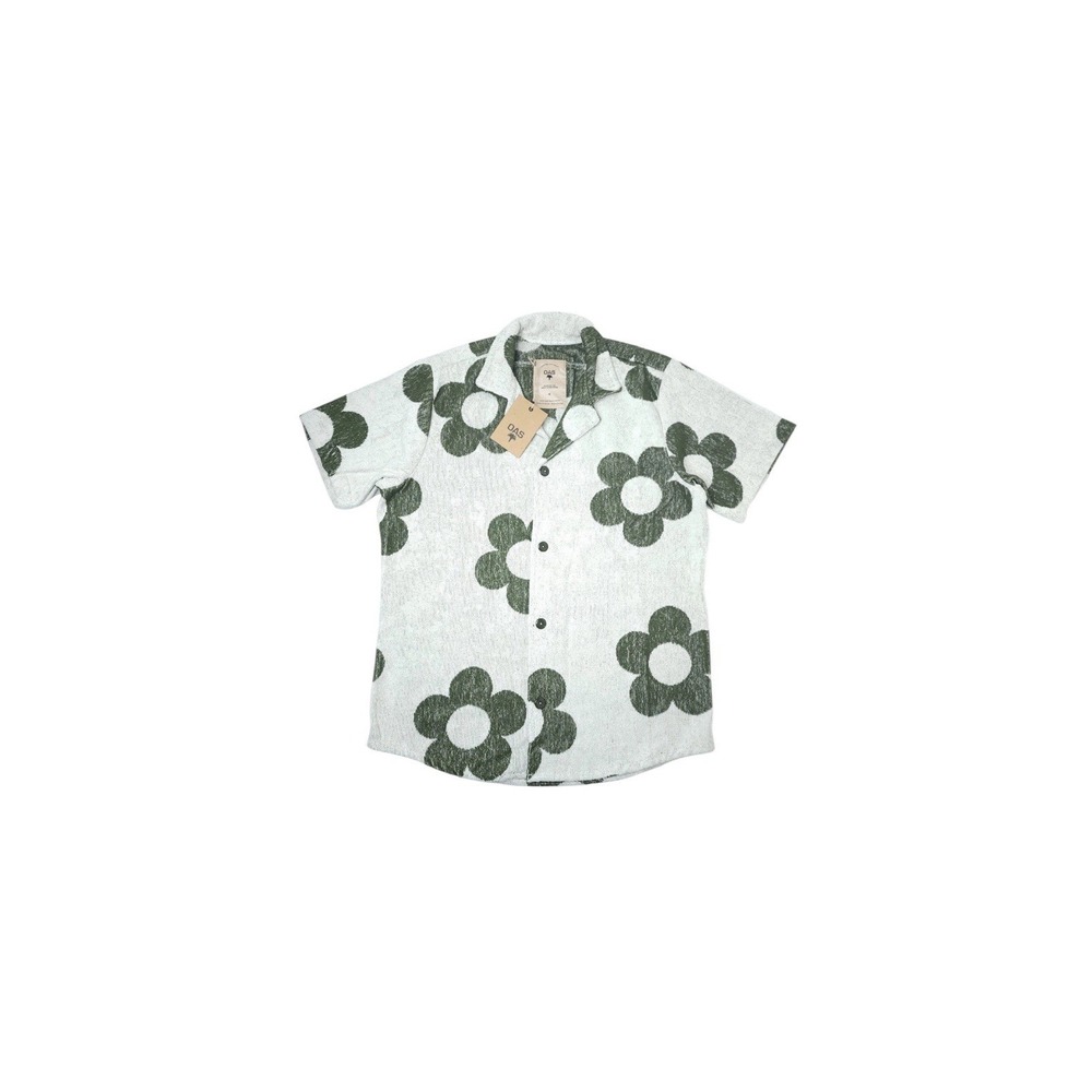 OAS Meadow Terry Cloth After Swim Vacation Shirt Mens XXL Green / White NWT